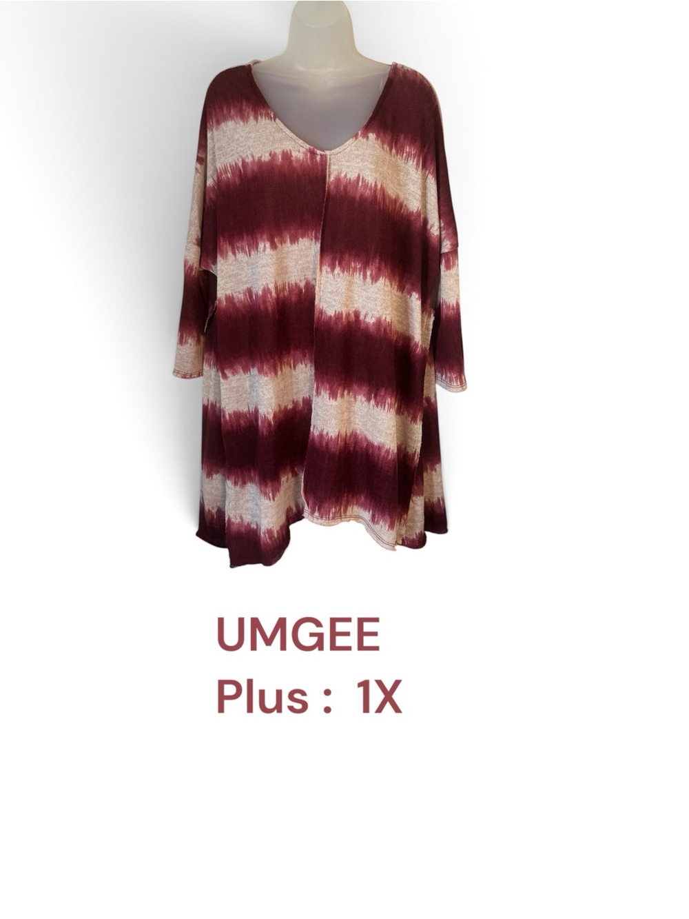 Umgee FALL!! Maroon/Cream Tie-Dye V-Neck Sweater Tunic PLUS: 1X #A